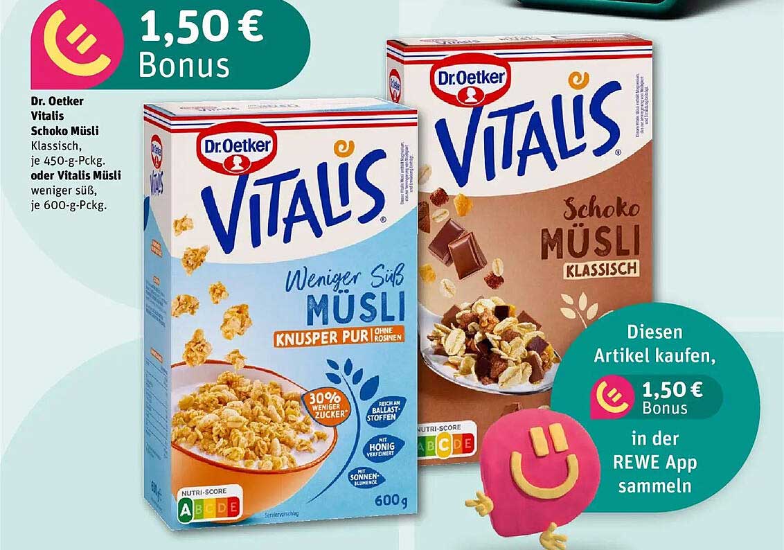Dr. Oetker Vitalis Schoko Müsli oder weniger süß Müsli, je 600-g-Päckchen