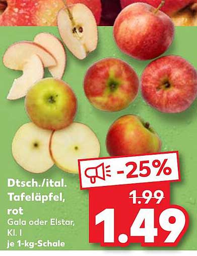Dtsch./ital. Tafeläpfel, rot, Gala oder Elstar, Kl. I je 1-kg-Schale