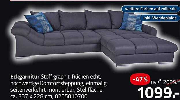 Eckgarnitur Stoff graphit – Hochwertige Komfortsteppung