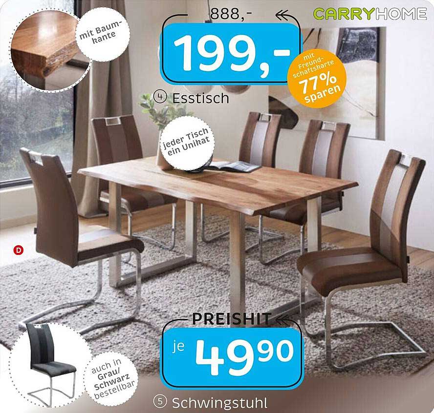 Esstisch mit Baumkante und Schwingstuhl im Set