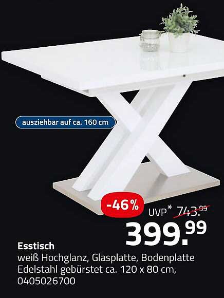 Esstisch weiß Hochglanz mit Glasplatte