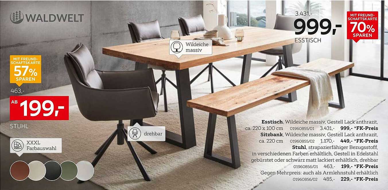 Esstisch Wildeiche massiv mit Gestell Lack anthrazit