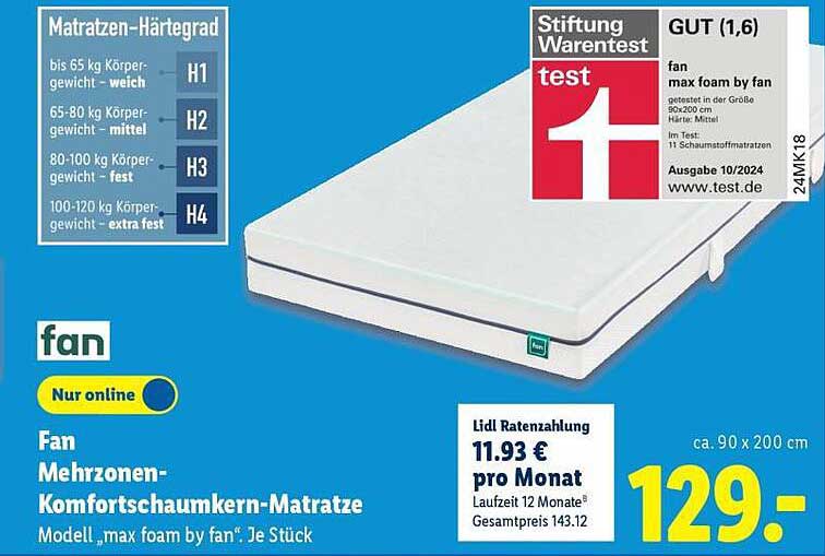 Fan Mehrzonen-Komfortschaumkern-Matratze 90 x 200 cm 