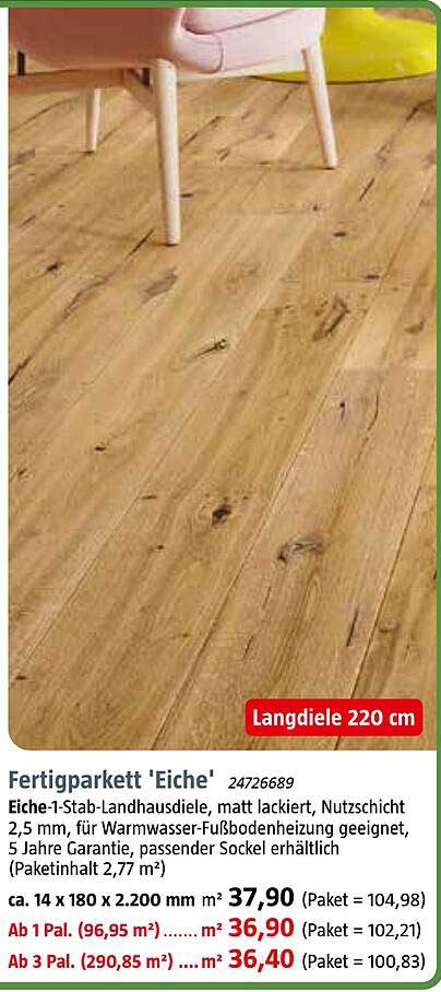 Fertigparkett 'Eiche' - 1-Stab-Landhausdiele, matt lackiert