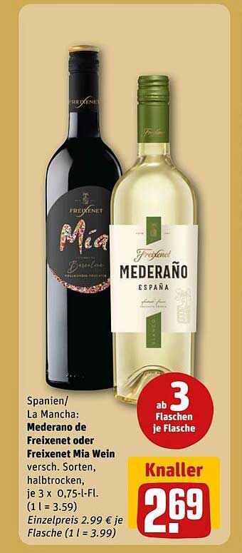 Freixenet Mederaño oder Freixenet Mia - 3 Flaschen je 0,75 l für nur 2,69 €