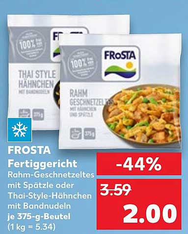 FROSTA Fertiggericht Rahm-Geschnetzeltes mit Spätzle oder Thai-Style-Hähnchen