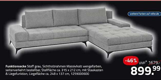 Funktionsecke aus grauem Stoff mit Liegefunktion und Stauraum