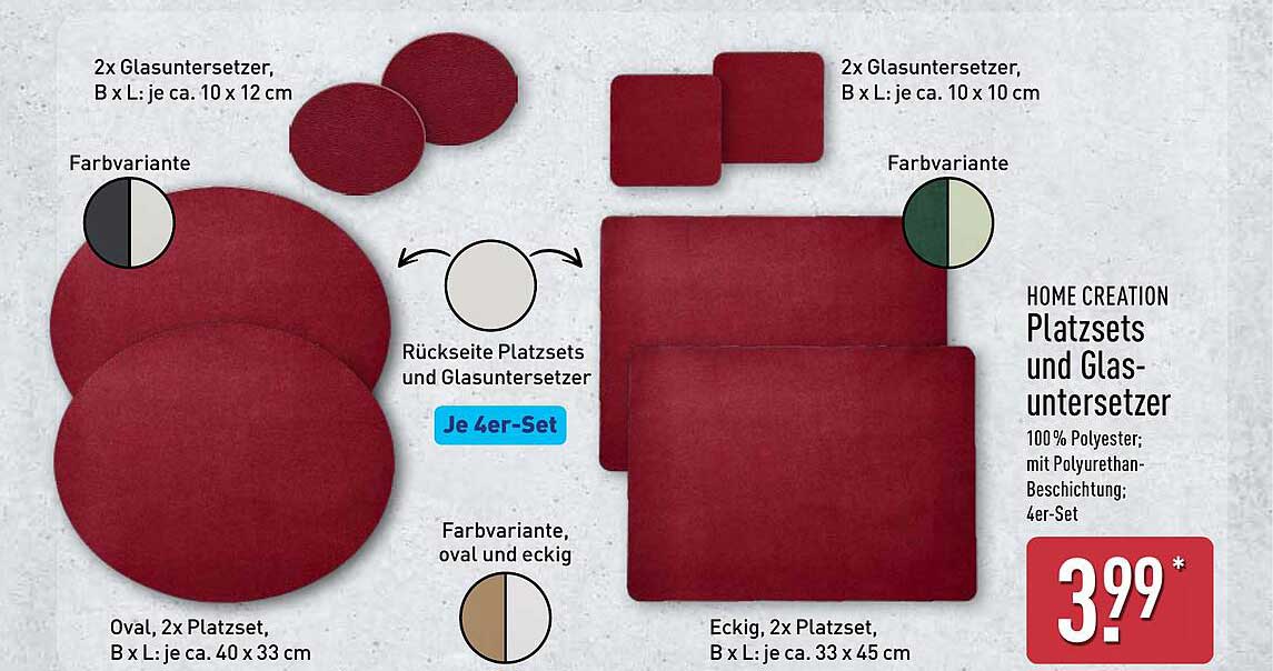 HOME CREATION Platzsets und Glasuntersetzer, 4er-Set