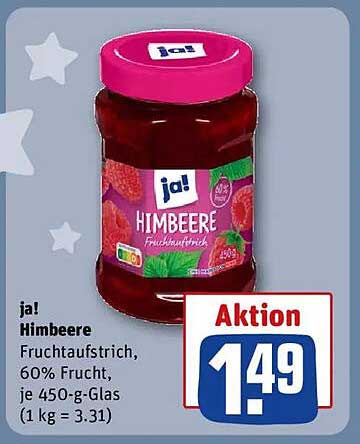 ja! Himbeere Fruchtaufstrich, 60% Frucht, 450-g-Glas