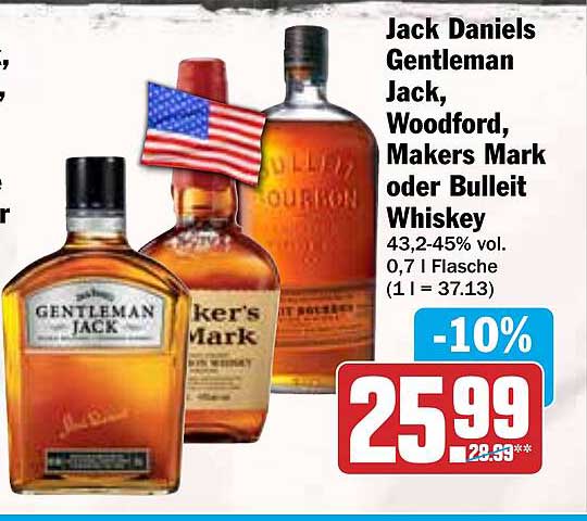Jack Daniels Gentleman Jack, Woodford, Makers Mark oder Bulleit Whiskey - 10% Rabatt