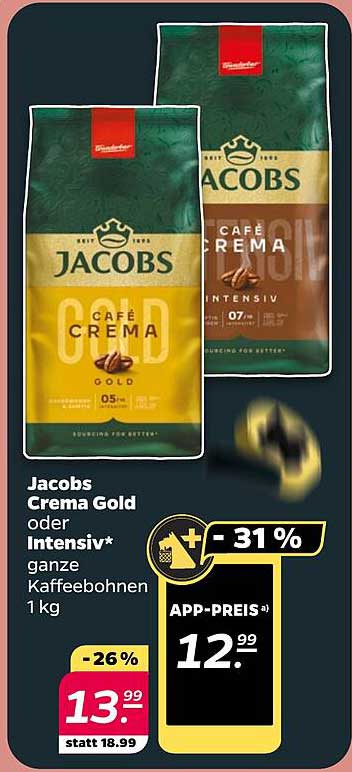 Jacobs Crema Gold oder Intensiv – ganze Kaffeebohnen 1 kg