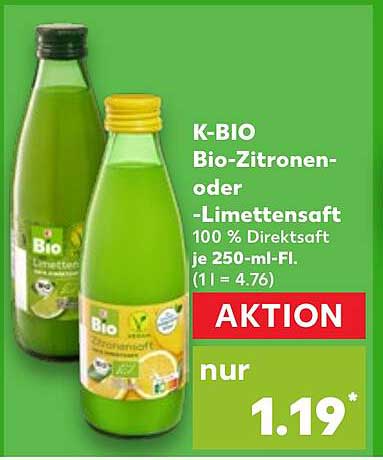 K-BIO Bio-Zitronen- oder -Limettensaft 100 % Direktsaft je 250-ml-Fl.