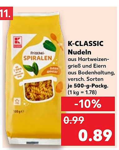 K-CLASSIC Nudeln - Frische Spiralen aus Hartweizengrieß und Eiern