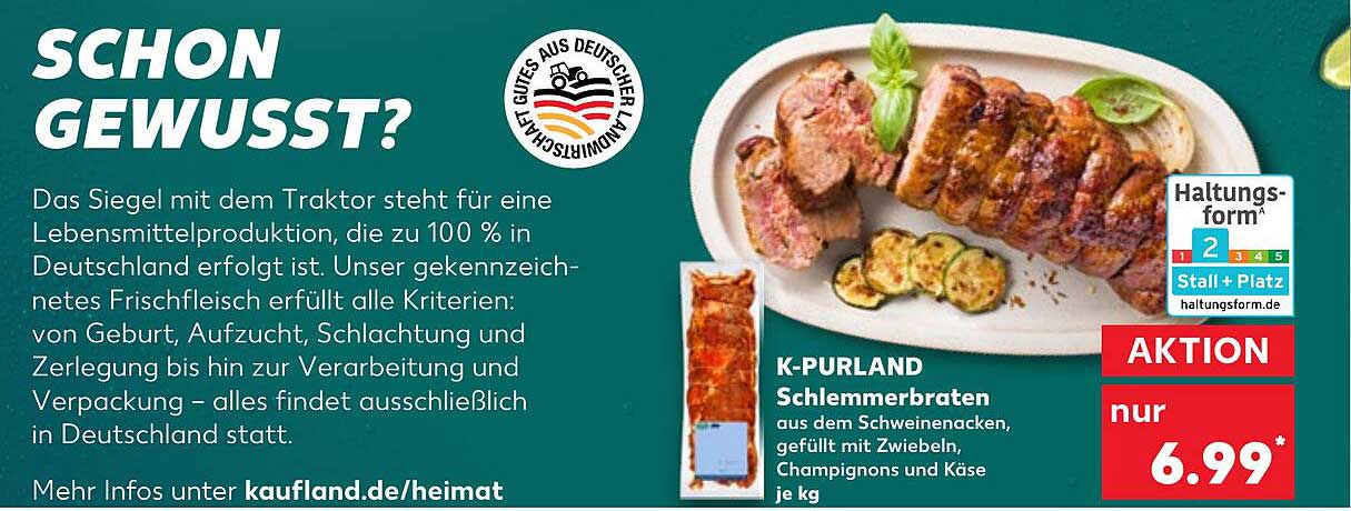 K-PURLAND Schlemmerbraten aus dem Schweinenacken, gefüllt mit Zwiebeln, Champignons und Käse je kg