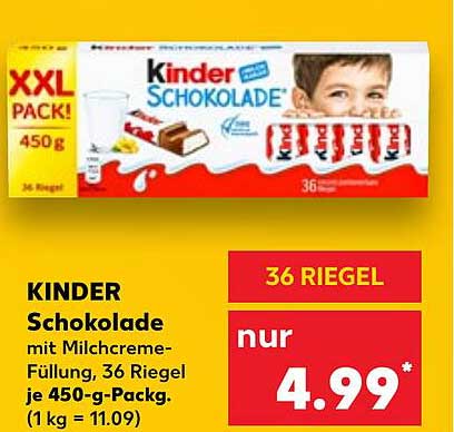 KINDER Schokolade mit Milchcreme-Füllung, 36 Riegel