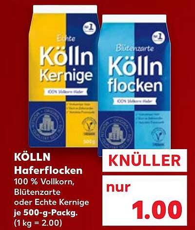 KÖLLN Haferflocken 100 % Vollkorn, Blütenzarte oder Echte Kernige je 500-g-Packung