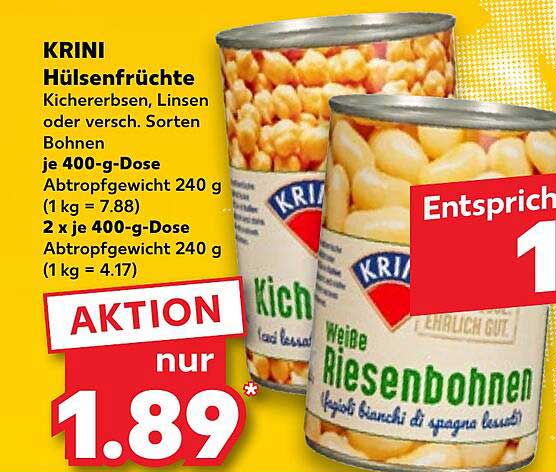 KRINI Hülsenfrüchte Kichererbsen, Linsen oder verschiedene Bohnen 400-g-Dose