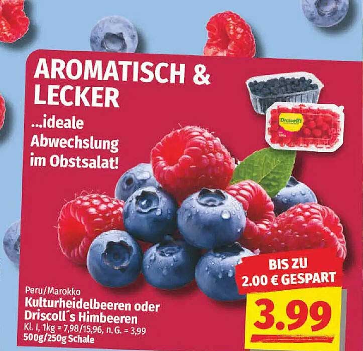 Kulturheidelbeeren oder Driscoll's Himbeeren – 500g/250g Schale