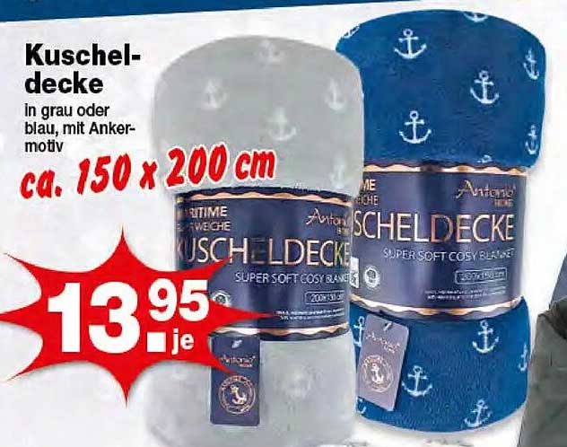 Kuscheldecke in grau oder blau mit Anker-Motiv