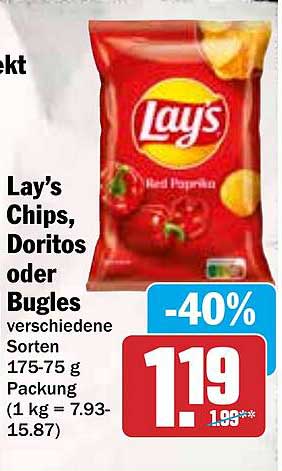 Lay's Chips, Doritos oder Bugles – verschiedene Sorten 175-75 g Packung