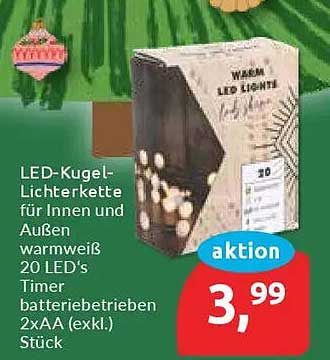 LED-Kugel-Lichterkette für Innen und Außen warmweiß 20 LED's mit Timer