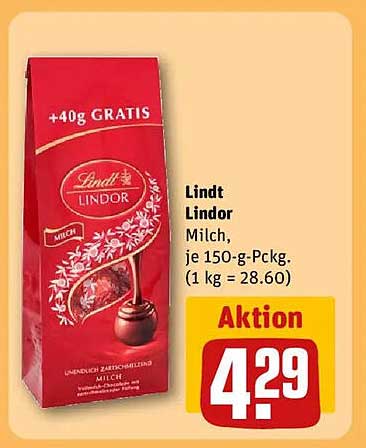 Lindt Lindor Milch 150-g-Pckg (+40 g GRATIS)