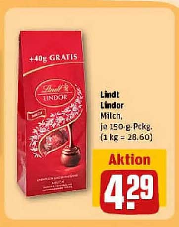 Lindt Lindor Milch, je 150-g-Pckg. (+40 g GRATIS)