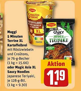 Maggi 5 Minuten Terrine XL Kartoffelbrei mit Röstzwiebeln und Croutons oder Magic Asia XL Saucy Noodles Japanese Teriyaki