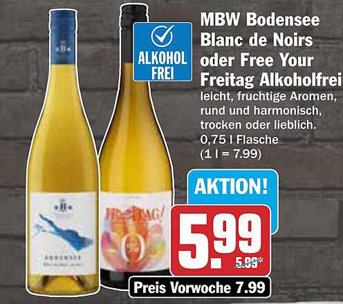 MBW Bodensee Blanc de Noirs oder Free Your Freitag Alkoholfrei 0,75 l Flasche für nur 5,99 €