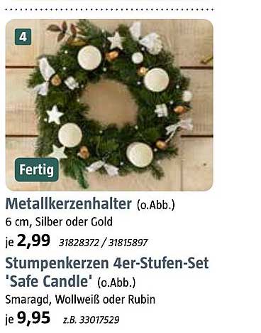 Metallkerzenhalter und Stumpenkerzen 4er-Stufen-Set 'Safe Candle'