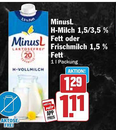 MinusL H-Milch 1,5/3,5 % Fett oder Frischmilch 1,5 % Fett 1 l