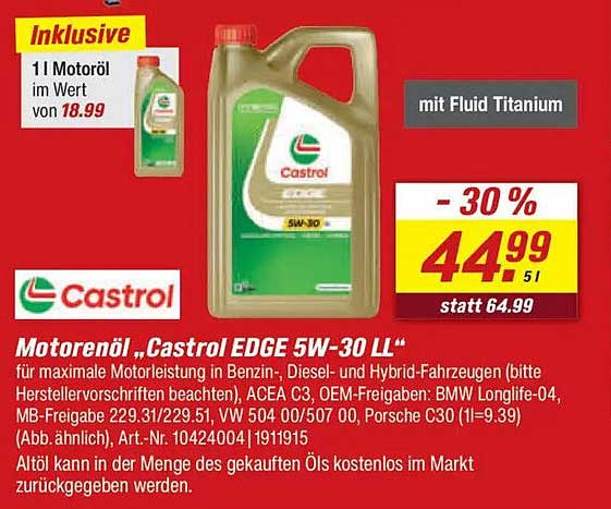 Motorenöl „Castrol EDGE 5W-30 LL“
