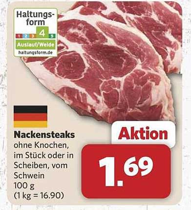 Nackensteaks ohne Knochen, im Stück oder in Scheiben, vom Schwein