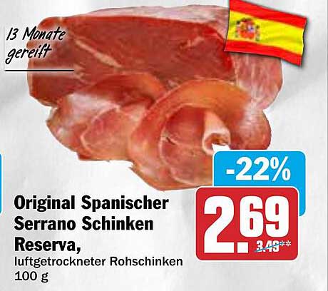 Original Spanischer Serrano Schinken Reserva, luftgetrockneter Rohschinken 100 g