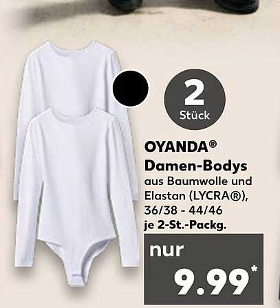 OYANDA® Damen-Bodys aus Baumwolle und Elasthan (LYCRA®), 36/38 - 44/46, je 2-Stück-Pack.