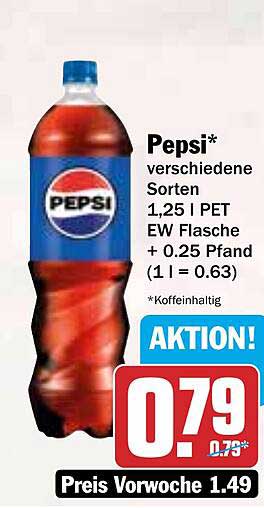 Pepsi verschiedene Sorten 1,25 l PET EW Flasche