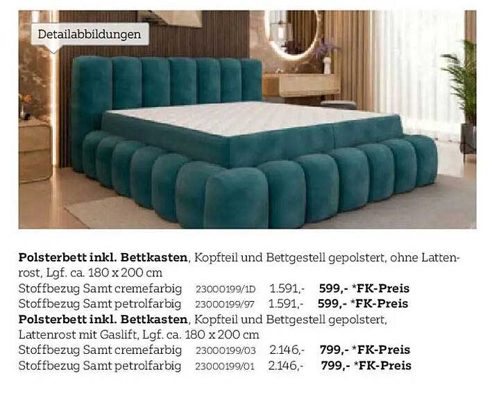 Polsterbett inkl. Bettkasten, Kopfteil und Bettgestell gepolstert, ohne Lattenrost, Lgf. ca. 180 x 200 cm
