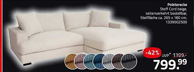 Polsterecke Stoff Cord beige, seitenverkehrt bestellbar