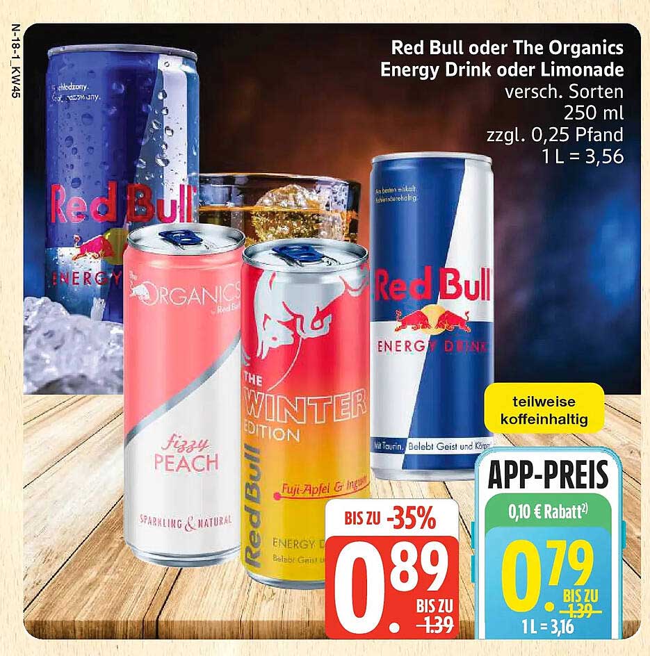 Red Bull oder The Organics Energy Drink oder Limonade, verschiedene Sorten, 250 ml