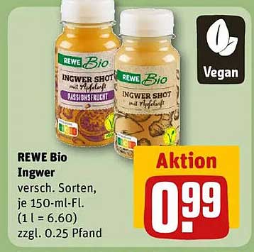 REWE Bio Ingwer Shot, verschiedene Sorten, je 150-ml-Fl.