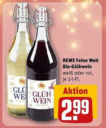 REWE Feine Welt Bio-Glühwein, weiß oder rot, je 1-l-Flasche