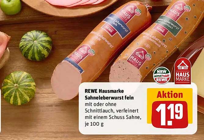 REWE Hausmarke Sahneleberwurst fein mit oder ohne Schnittlauch, verfeinert mit einem Schuss Sahne, je 100 g