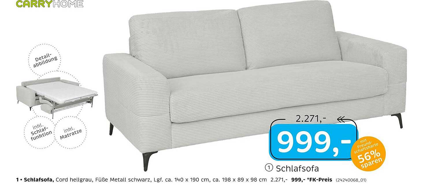 Schlafsofa Cord hellgrau mit inkl. Matratze und Schlaf-Funktion