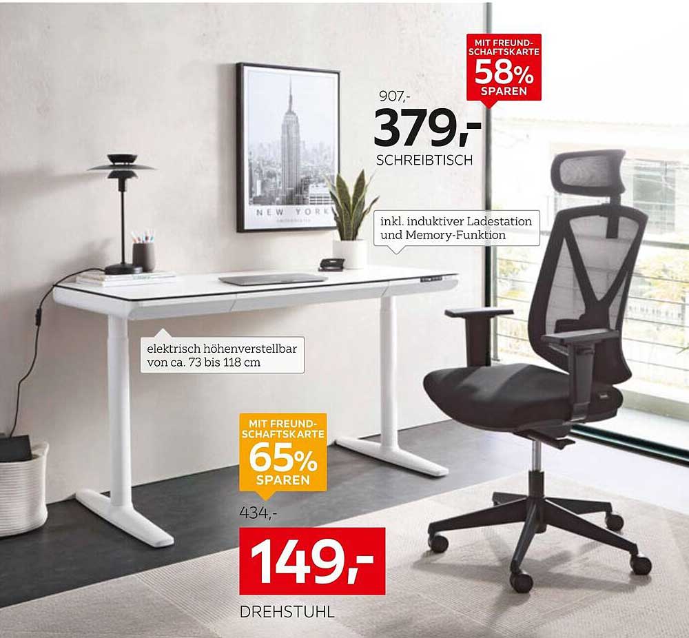 Schreibtisch elektrisch höhenverstellbar inkl. induktiver Ladestation und Memory-Funktion