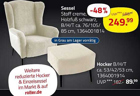 Sessel Stoff creme mit Hocker - Jetzt zum Spitzenpreis!