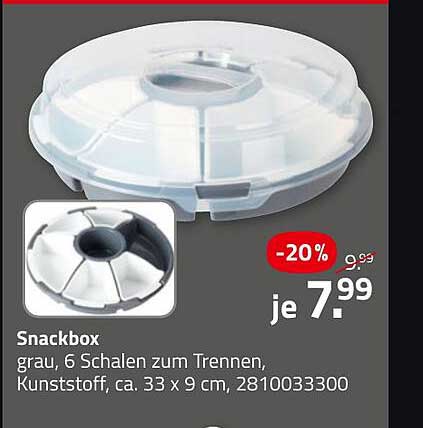 Snackbox grau, 6 Schalen zum Trennen, Kunststoff, ca. 33 x 9 cm