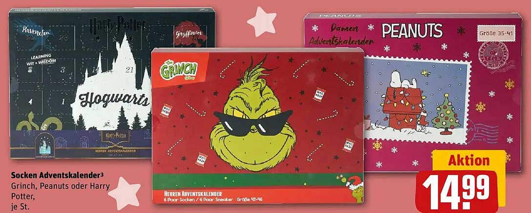 Sock Adventskalender: Grinch, Peanuts oder Harry Potter - je St.
