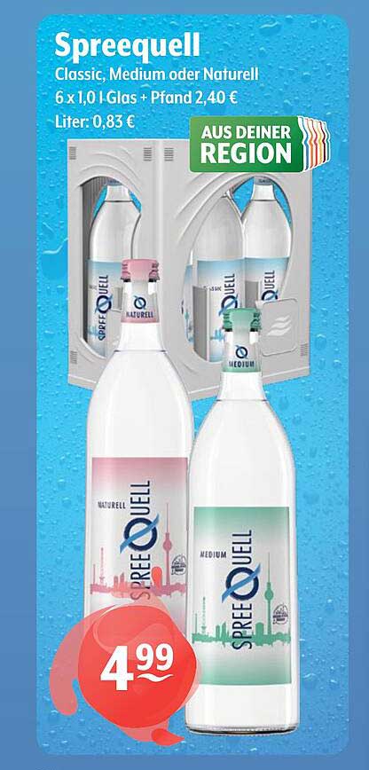 Spreequell Classic, Medium oder Naturell 6 x 1,0 l Glas + Pfand