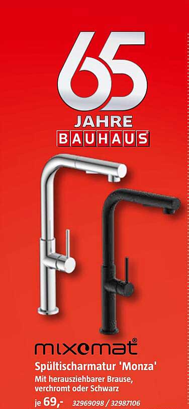 Spültischarmatur 'Monza' mit herausziehbarer Brause, verchromt oder schwarz