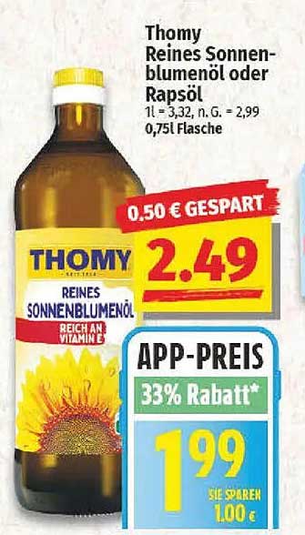 Thomy Reines Sonnenblumenöl oder Rapsöl 0,75l Flasche